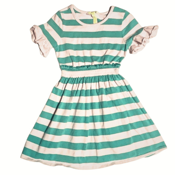 Matilda Jane Camp MJC True North Dress 4 GUC Green Pink Stripe - Picture 1 of 5